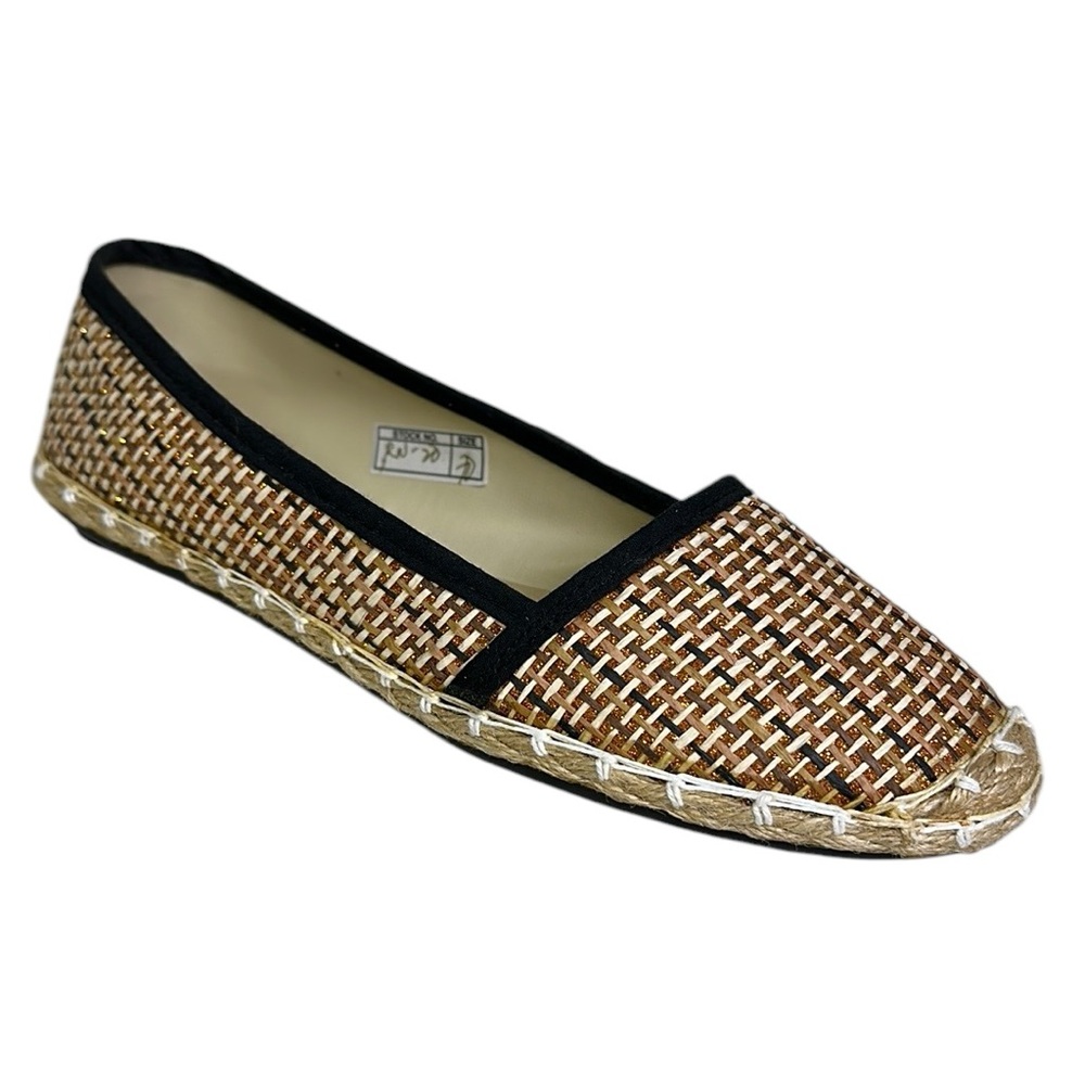 Anson Espadrille Flats Tan Black and Metallic Copper Woven Raffia Shoes Womens 7